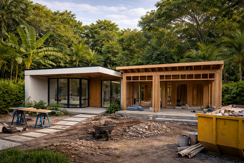 Before-and-after concept of a home extension in Barbados